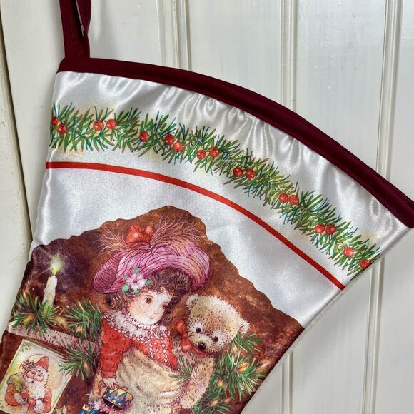 Vintage Satin Christmas Stocking Victorian Style Teddy Santa Horse Giordano 18” - Picture 2 of 13